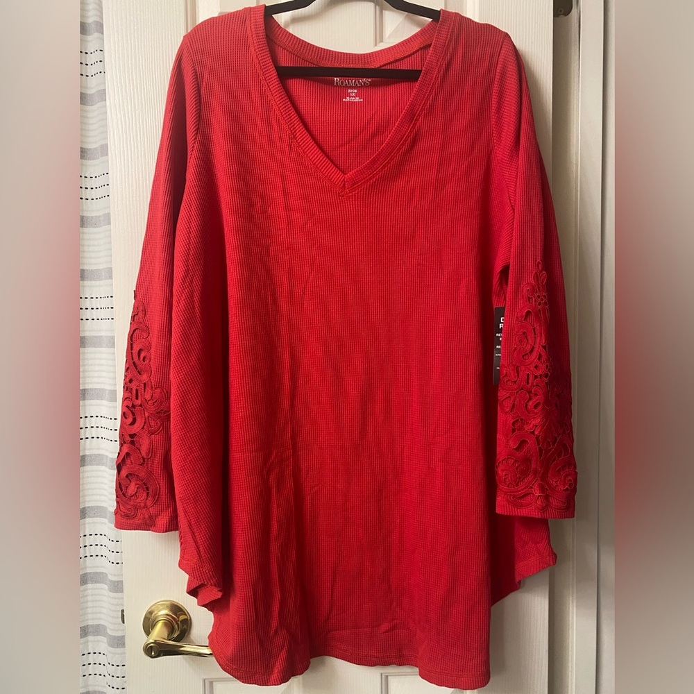 Roaman's Red V-Neck Long Sleeve Lace Detail Waffle Knit Henley Size 1X 22/24